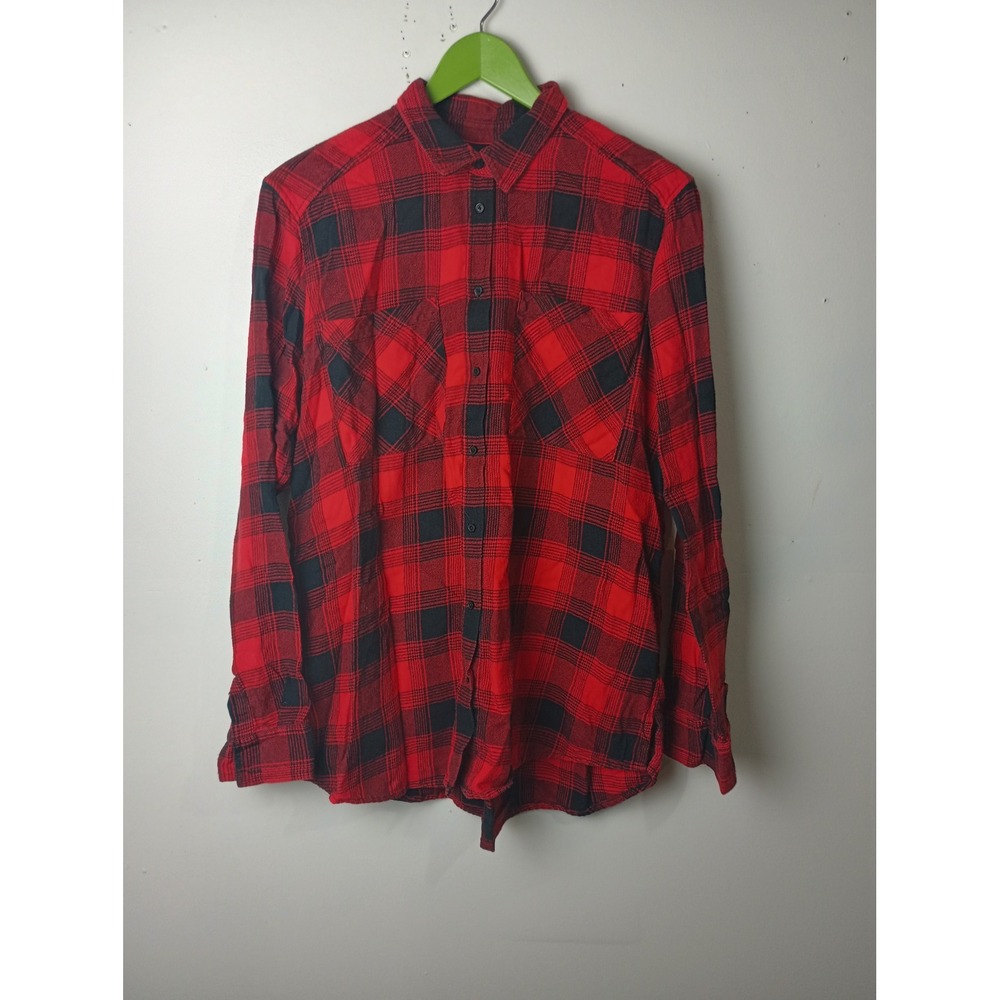 Express Boyfriend Red Black Buffalo Plaid Flannel Shirt Womens Large L Button Up